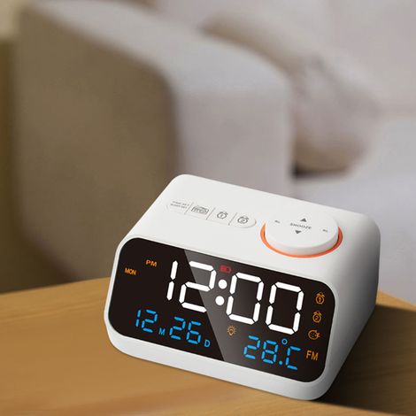 Radio-réveil multifonction avec LED, minuterie musicale, radio FM rechargeable, blanc. (1/5)