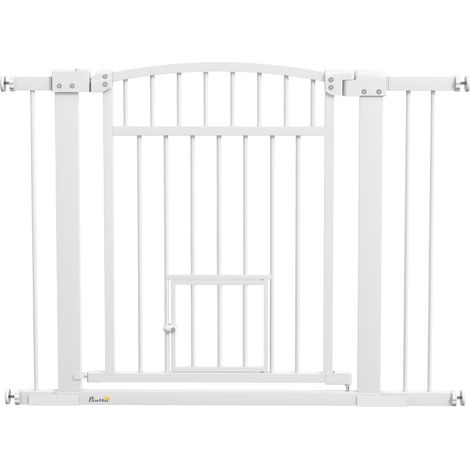 Barrière de sécurité pour chien avec double système de verrouillage, fixation par pression ou perçage, largeur 76–104 cm, blanche (1/5)