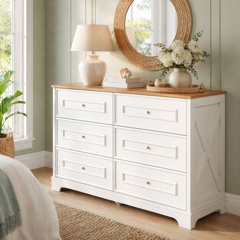 Credenza a 6 cassetti 120 x 40 x 76 cm bianco e legno naturale DESVIAE (1/5)