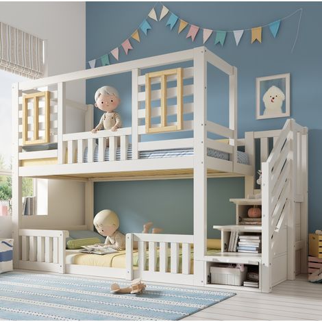 Letto a castello in legno bianco 90x200 cm con scaletta contenitore, rete a doghe inclusa. (1/5)