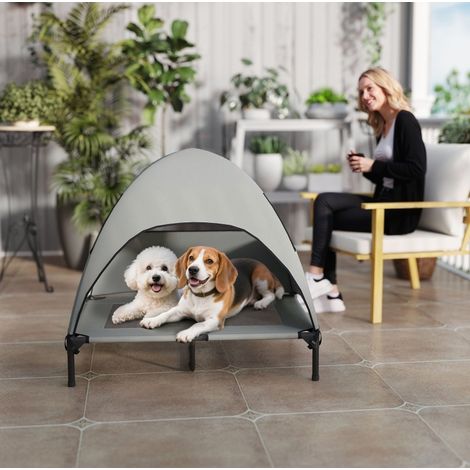 Cama elevada para perro 91x76x90 cm de poliéster gris con techo para perro grande - MEUBLIV (1/5)