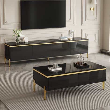 TV-Möbel und Couchtisch in Schwarz Hochglanz mit Stauraum HAVRYA (1/5)