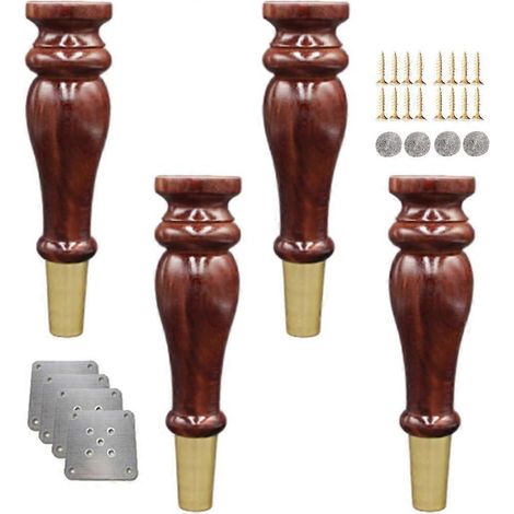 Quatre pieds de canapé en forme de gourde, pieds de meubles en bois massif, embouts en laiton, adaptés aux meubles TV, bureaux, meubles de cuisine, etc. Remplaçables (couleur noyer, 15 cm/5,9 pouces)  (1/5)