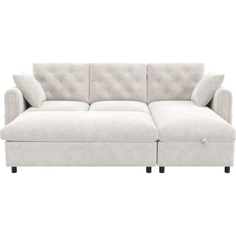 Sofá De Esquina Reversible con Otomana, Almacenaje, Respaldo Acolchado, Terciopelo, Beige 219 × 131 × 86 cm (1/5)