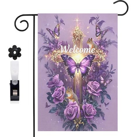 Drapeau de jardin croix et roses violettes romantiques 30 x 45 cm décoration extérieure jardin (1/5)