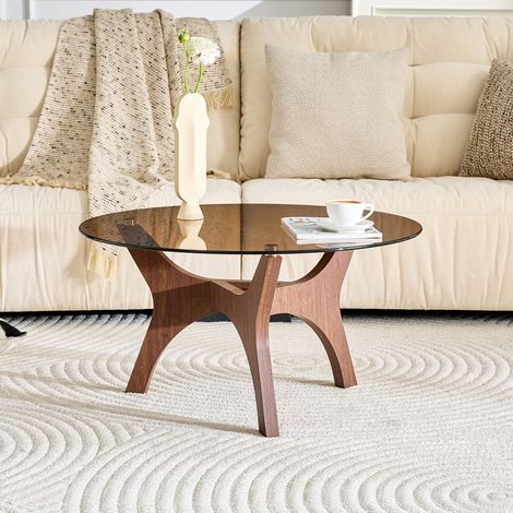 Table basse ronde avec plateau en verre ambré, table de salon moderne avec cadre en bois brun, table basse robuste 80cm, résistante à la chaleur et aux rayures, pour salon, bureau et lounge (1/5)