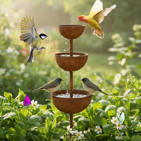 Décoration de jardin vintage - 3 abreuvoirs pour oiseaux - En métal rouillé - Pour l'extérieur - Résistant aux intempéries - Aspect rouille - Piquet de jardin rouillé (1/5)