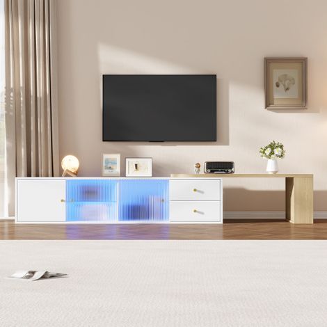 Meuble TV bas avec éclairage LED, coulissant, 2 tiroirs + 2 portes coulissantes en verre + 1 compartiment de rangement, meuble TV avec espace de rangement, étagère latérale, blanc et bois, 175 × 40 ×  (1/5)