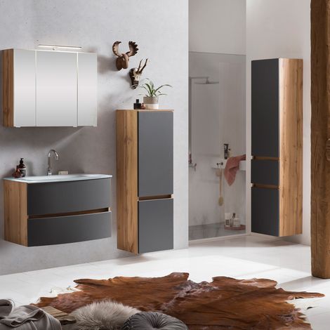Badezimmermöbel Komplett Set LAURIA-03 in Wotaneiche Nb. mit matt grau, 3D Spiegelschrank inkl. Beleuchtung, BxHxT: ca. 140x200x49 cm (1/5)