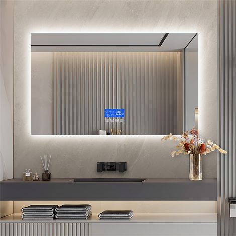 Specchio da bagno quadrato illuminato da 60 x 100 cm - con indicatore di temperatura e funzione antiappannamento - con illuminazione a LED - regolazione della luminosità a tre livelli - con interrutt