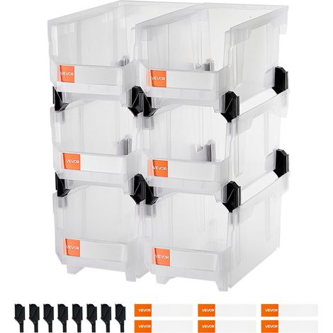 Bacs à Bec Empilables VEVOR Lot de 6 en Plastique Transparent 37,7x21,5x18 cm, Boîtes de Rangement pour Atelier Garage Fournitures Bureau Accessoires (1/5)
