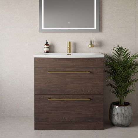 Napoli 390 Brown Oak 800mm 2 Drawer Vanity Unit with Arc Basin - 800mm - Brushed Brass 480mm Handle
