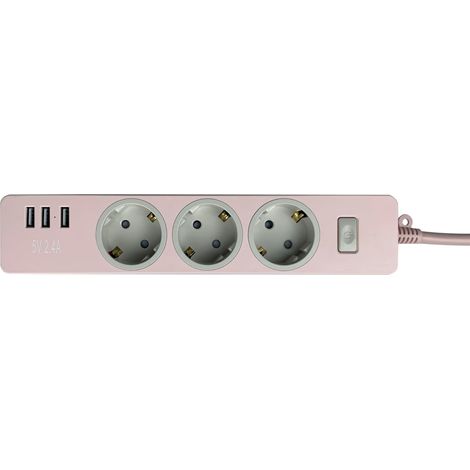 Multiprise 3 prises avec 3 ports USB et interrupteur, 1,5 m (4000 W/16 A), multiprise avec protection contre les surintensités, USB (rose) (1/4)