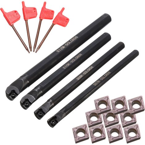 Kit outil tournage pour tour metal 4 barres aléseuses S07K S08K S10K S12M-SCLCR06 10 plaquettes carbure CCMT060204 4 clés à molette perçage petit trou (1/4)