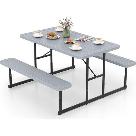 CASART Picnic Table Bench Set Camping Dining Table for 2-4 People-Grey (1/5)