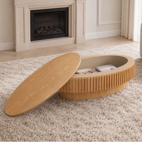 98cm Oval Fluted Coffee Table with Hidden Storage, Solid Wood Veneered Modern Cocktail Table, 5-Minute Easy Assembly Accent Tea Table for Living Room, Bedroom, Apartment or Office, Natural Wood (1/5)