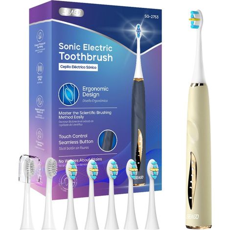 brosse à dent électrique sonique, brosse a dent electrique rechargeable, capteur de pression, minuteur de 2 min intégré 5 modes avec 8 têtes, brosse à dent voyage (beige) (1/5)