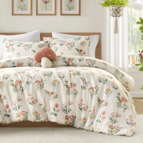 Parure de lit 4 pièces en Microfibre légère pour Toutes Les Saisons, Oreiller décoratif et Couvre-Oreiller, Motif Floral fantaisiste et Champignon, lit Double/Grand lit, Vert (1/5)