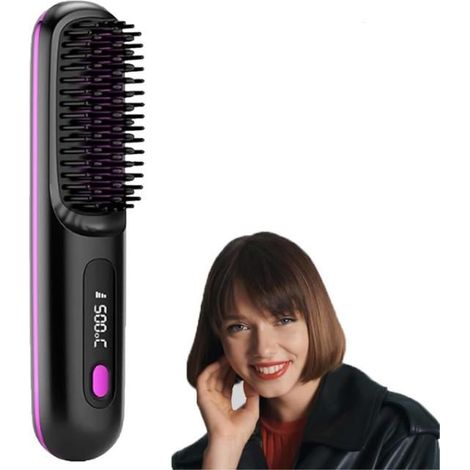 Brosse lissante portable sans fil – Écran LED, rechargeable – Anti-brûlure – Pour cheveux courts (Noir) (1/5)