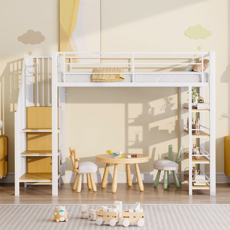 Letto a soppalco moderno 90x200 cm in metallo bianco con scala contenitore, piccolo armadio, ripiani e sponde alte (1/5)