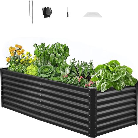 Potager Surélevé Métal 180x90x60 cm Carré Potager Surélevé Galvanisé Lit de Jardin Fond Ouvert Bac de Jardinage pour Culture de Légumes Fleurs Herbes Aromatiques Plantes Grasses, Gris Foncé (1/5)