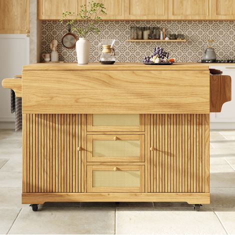 Carrello da cucina pieghevole da 95 cm con piano estraibile, MDF e polyrattan naturale, OKWISH (1/5)