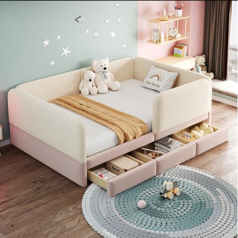 Gepolstertes Kinderbett 140 x 200 cm mit Sicherheitsumrandung, 3 Schubladen, Samt Beige/Rosa (1/5)
