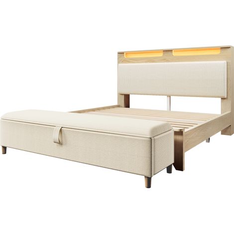Cama doble 140x200 cm en madera clara con banco de almacenaje, cabecero LED y colchón incluido (1/5)