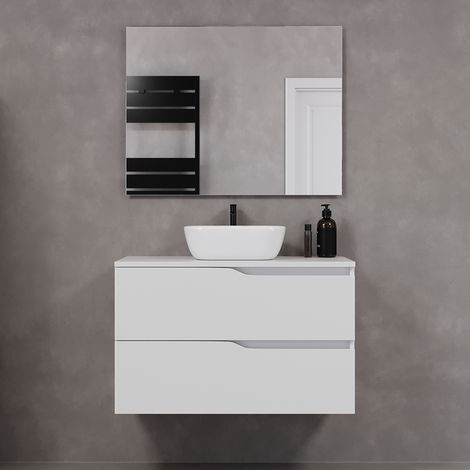 Meuble de salle de bain 90cm avec plateau et vasque à poser zeus - 2 tiroirs - blanc - LUNA (1/5)