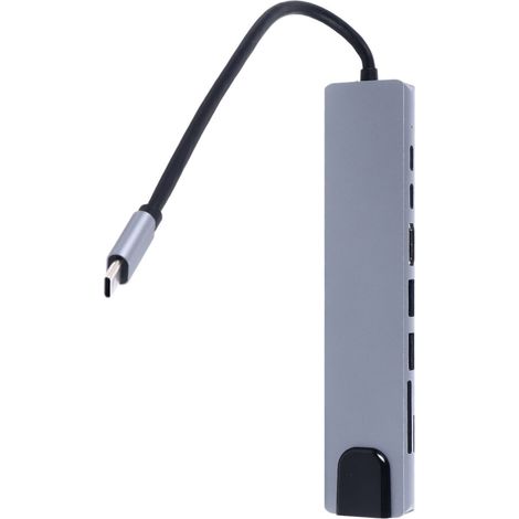 Docking station per laptop con hub USB-C, supporto per trasferimento dati ad alta velocità, uscita HDMI 4K, porta Ethernet RJ45, lettore di schede SD/TF, alimentazione PD e 8 porte ad alta velocità.