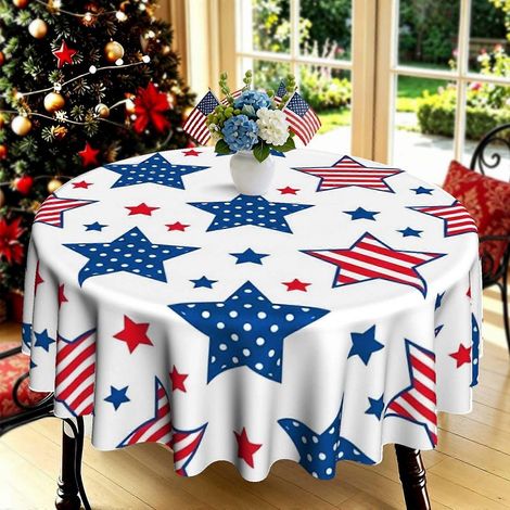 Nappe ronde imprimée en 2D à motif patriotique étoiles et rayures (1 pièce), nappe décorative multi-usage pour jardin, terrasse, cuisine, dîner et fêtes de fin d'année. (1/4)
