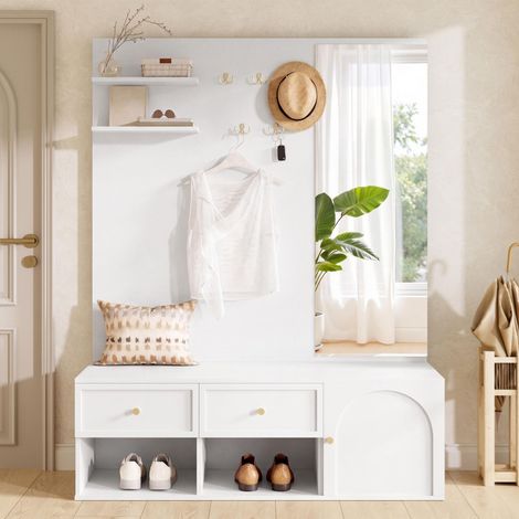 Meuble d'entrée vestiaire avec miroir et banc de rangement 120x35x159 cm - porte-manteau mural 5 patères tiroirs étagère suspendue moderne panneaux de particules - blanc (1/5)