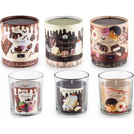 Candele profumate in vasetto di vetro con decori cioccolato in confezione regalo, set da 3 pezzi, Ø 7,5 cm x 8 H