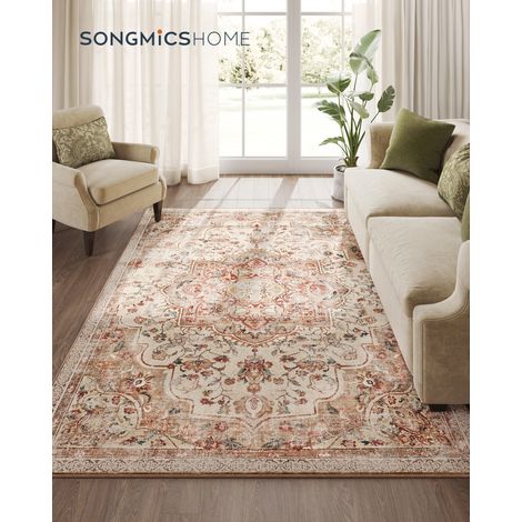 Tapis Vintage Lavable 160 x 230 cm, Tapis Antidérapant, pour Salon, Chambre, Salle à Manger, Beige (1/5)