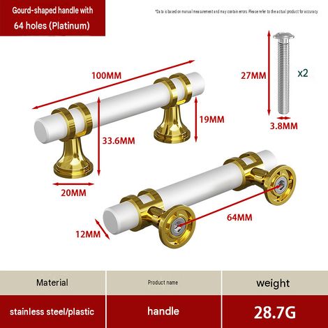 CYUNSHOP Lot de 5 poignées en T à embase évasée – Entraxe 64cm, Blanc+Or bicolore, pour armoires et meubles. (1/5)
