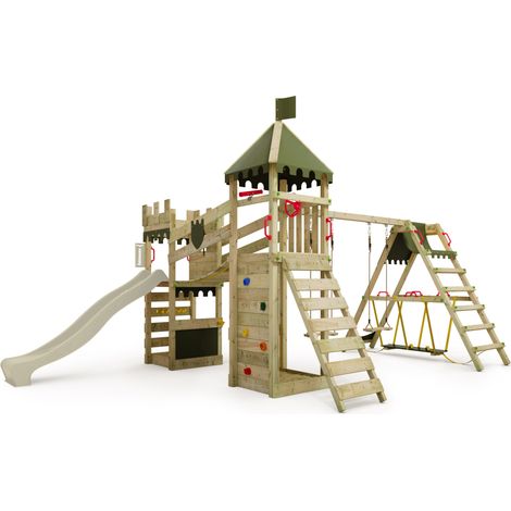 FATMOOSE Castello RiverRun con altalena SurfSwing e scivolo, casetta da gioco con sabbiera, scala e accessori da gioco - verde salvia