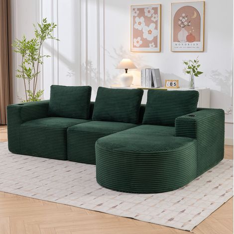 Divano angolare 258x171x62,5 cm in tessuto verde rétro, salvaspazio per soggiorno/ufficio FloraGrace (1/5)