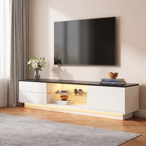 Meuble TV 150 cm avec Éclairage LED RGB et Rangements, en Bois, Style Moderne, Noir et Blanc (1/5)