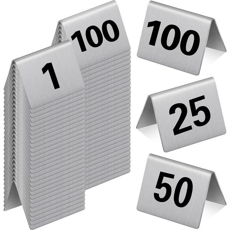 100 Pcs Stainless Steel Table Numbers Tent Style Restaurants Table Number Card Tent Cards for Cafes Bars Party Banquets Food Service Wedding Evidence Markers Supplies, 2 x 1.6 Inches (1/5)