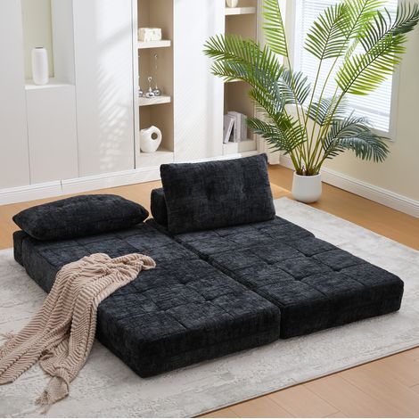 Divano letto pieghevole 79x79x57 cm, con cuscino testa e lombare, schiuma ad alta densità, chenille nero (1/5)