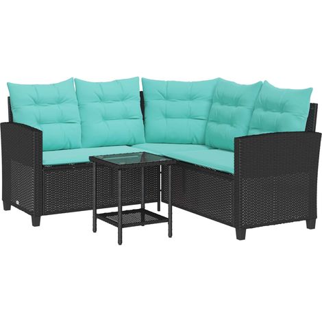 Garden Sofa with Cushion 2 pcs Black and Turquoise Poly rattan vidaXL