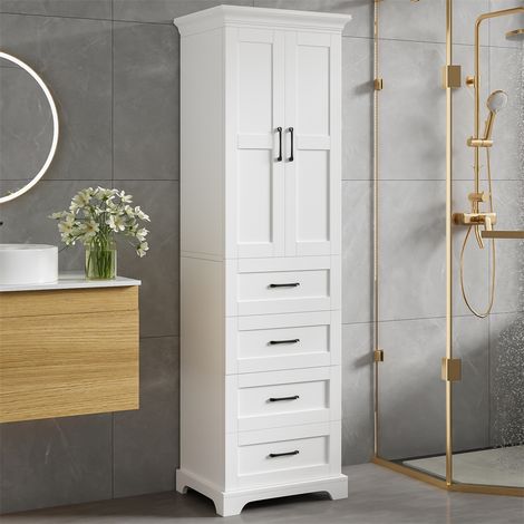 Armoire de Salle de Bain Haute - 57x38x180cm - Colonne de Rangement MDF avec 3 Tiroirs et Étagères Réglables - Blanc (1/5)