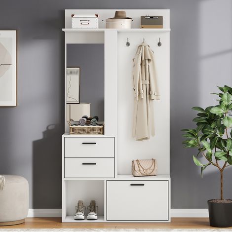 Mueble zapatero con espejo, 2 cajones, 3 ganchos, 90 x 30 x 180 cm, blanco OKMYHOME (1/5)
