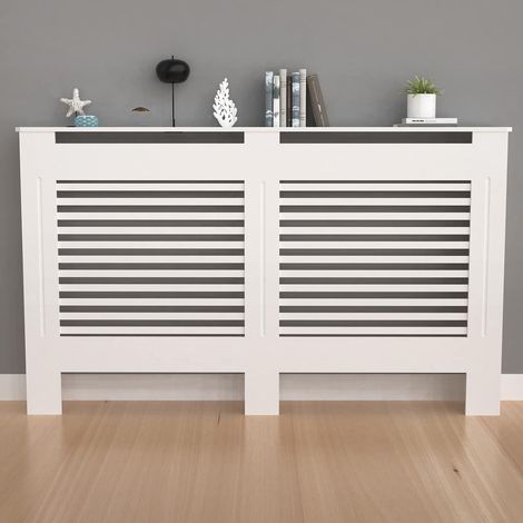 Cache-radiateur haut en bois : extérieur 92 cm de hauteur, blanc, grand couvre-chauffage, hauteur intérieure 90 cm, lattes horizontales, étagère moderne haute pour radiateur en bois MDF épais (1/5)