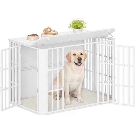 Cage pour Chien, Heavy Cage en Bois avec Porte d'alimentation Supérieure, Design Multi-Portes, Grande Table d'appoint pour Cages pour Chien,Blanc
