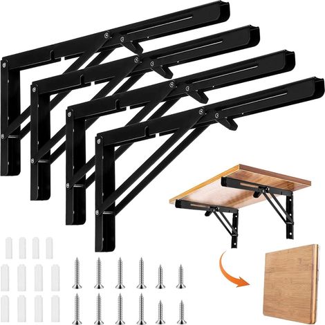 4 Pièces - Équerre Pliante - Support Étagère Murale - Charge Lourde 80kg Acier Inoxydable Pour Cuisine Bureau Garage Noir 17x40cm