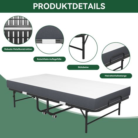 Lit de camp jumeau 190 × 96 cm avec matelas en mousse mémoire 9,5 cm, sommier métallique solide, lit d'appoint pliable et roulant portable (1/4)