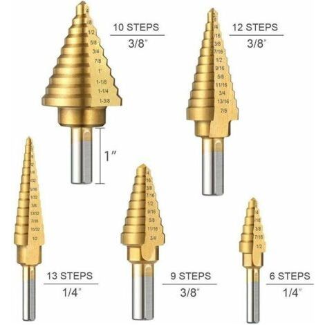 Stufenbohrer, 5-teiliges Titan-Bohrer-Set mit automatischem Körner, HSS- und Titanbeschichtung mit Aluminiumgehäuse, Doppelschneidblatt (50 Größen) (1/4)