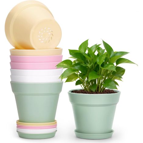 8 Pièces 10CM Pots Plastique Plantes Petite, Cache Pot Interieur Exterieur, Pot de Fleur Décoratifs Modernes, avec Plateaux et Trou de Drainage, pour Semis, Succulentes, Herbes -Multicolor (1/5)