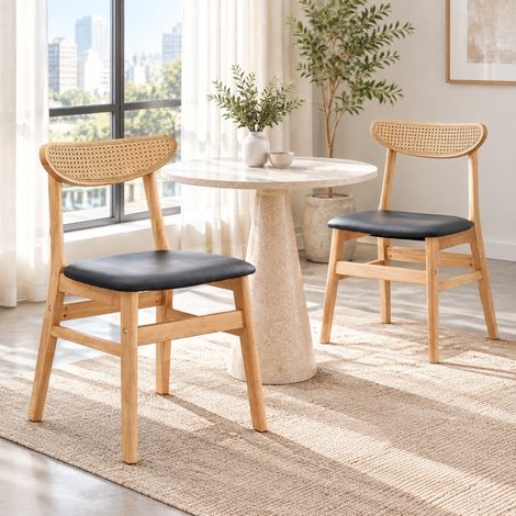 2er-Set Esszimmerstühle mit Rattan-Rückenlehne, Kautschukholz und gepolstertem Sitz (1/5)